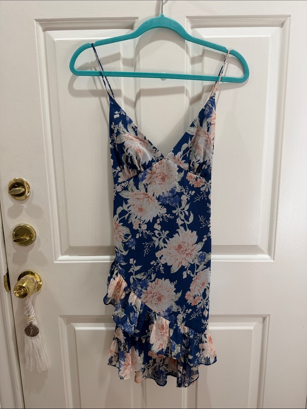 H&M Navy Blue Floral Ruffle-Trim Mini Dress
